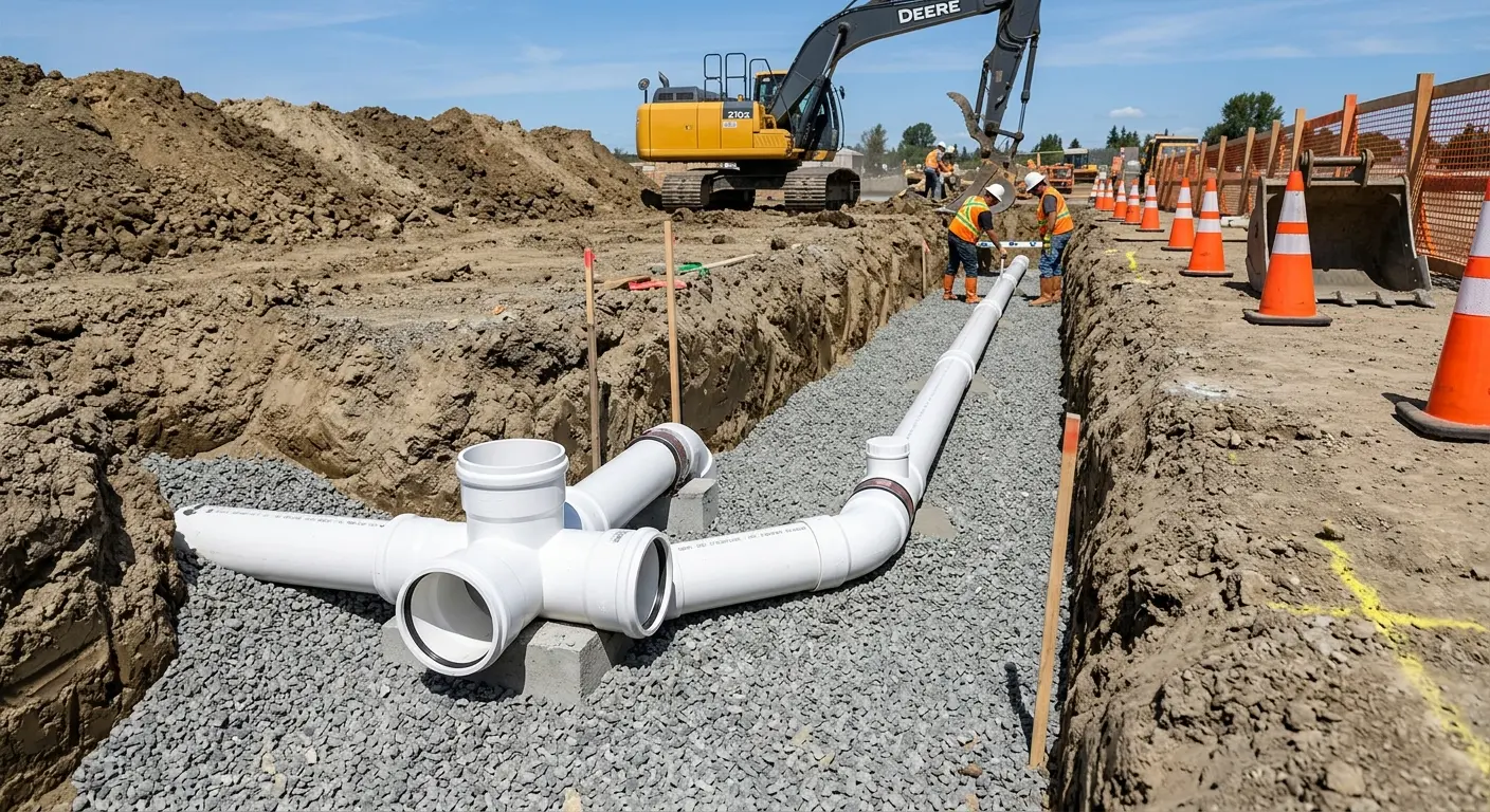New PVC sewer pipe installation in open trench for Commercial Drain Cleaning in Tiffin