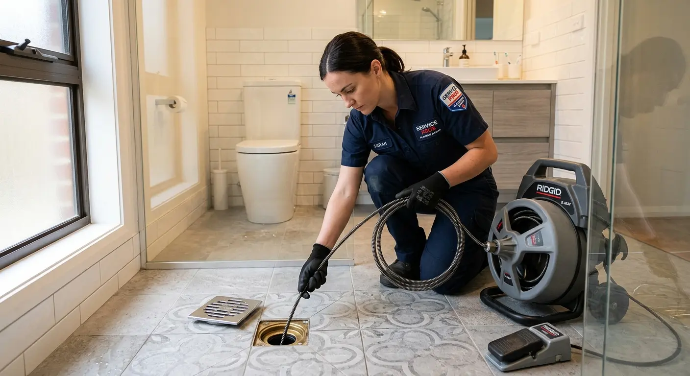 Technician clearing a bathroom floor drain for Drain Cleaning in Tiffin